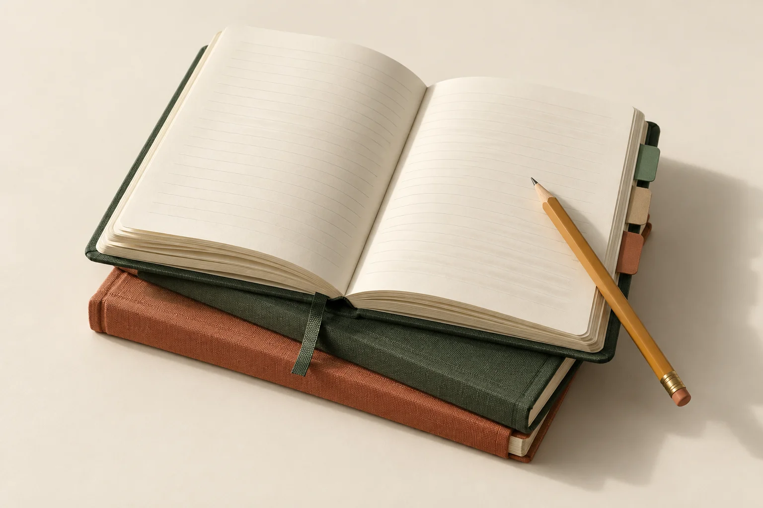 An open notebook, cloth-bound planners, and a pencil, rendered in 3D.